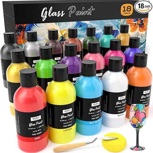 Nicpro 18 Colors Acrylic Glass Paint Set (8.45 oz, 250 ml) Large Bulk Enamel & Ceramic Painting Supplies Kit for Wine Bottle Glass Jars Windows with Sponge & Art Knife, Opaque Gloss Finish