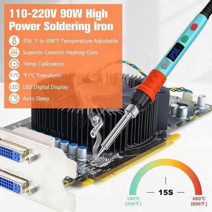 Soldering Iron Kit, 90W LED Digital Soldering Gun kit with Ceramic Heater, 110V Adjustable Temperature Solder Welding Iron Kits, Auto-sleep, Thermostatic Design, Blue