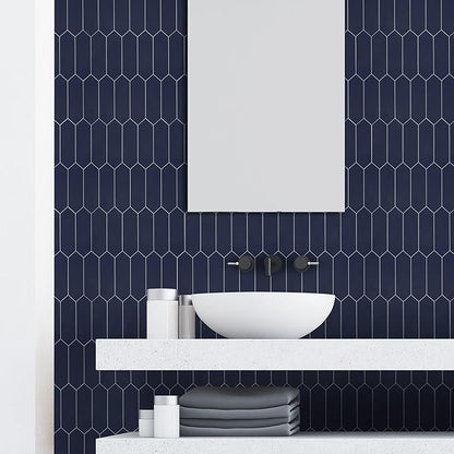SUNWINGS Backsplash Tile for Kitchen Peel and Stick, Stone Composite Self Adhesive Tiles Long Hexagon Mosaic Wall Tile for Kitchen, 12 Inch x 11.22 Inch 10 Sheets Navy Blue