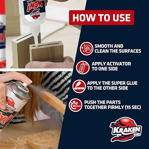 Kraken Bond Wow! CA Glue (24x3.50 oz) with Spray Adhesive Activator (24x13.50 fl oz) - Cyanoacrylate, with Activator, Fast CA Glue for Woodworking, Crazy & Craft - 24 Pack