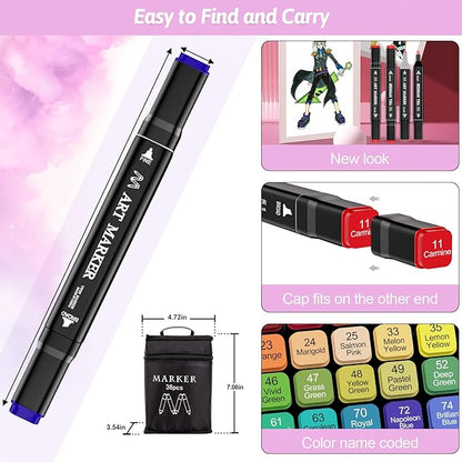 Banral Alcohol Markers, 36 Colors Dual Tip Alcohol Based Art Marker Set for Artists Adults, Permanent Drawing Pens for Adult Coloring Sketching Illustration with Case and Holders