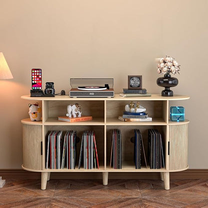 Large Round Record Player Stand with Charging Station & USB Ports，Record Storage Cabinet, Mid Century Modern Turntable Stand for Bedroom Living Room (Oak)