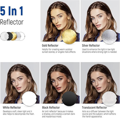 NEEWER 43"/110cm Light Reflector with Handle Grip with 3/8" Thread, 5 in 1 Collapsible Disc Light Diffuser Translucent/Silver/Gold/White/Black for Photography Lighting, Outdoor Lighting, RF-110II