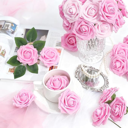 Artificial Flowers Foam Fake Roses 25pcs Pink Roses with Stems for Home Decor DIY Wedding Bouquets Party Bridal Shower Centerpieces Faux Flower Arrangements Tables Decorations