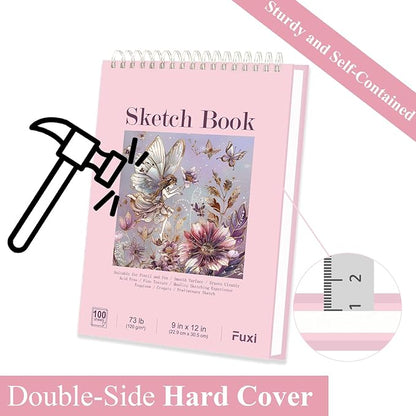 Cute Sketchbook Pink, 9"x12" Sketch Book for Teen Girls, 100 Sheets Girl Sketchbook 73lb/120gsm Drawing Paper for Kids, Art Supplies for Teens 14-16 Girls.