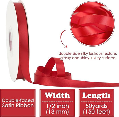 HUIHUANG Red Satin Ribbon 1/2 inch X 50 Yards Continuous, Red Double-Faced Satin Ribbon for Gift Wrapping, Bows, DIY Crafts, Flower Bouquet, Wedding, Christmas Decor, Birthday