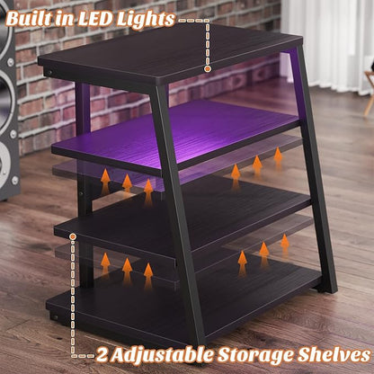 AV Media Stand with Outlets, Media Console with LED Lights, Stereo Racks and Stands with Storage Shelves, Media Audio Tower Cabinet, Black Enoby