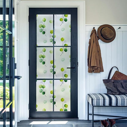 DKTIE Eucalyptus Leaves Stained Glass Window Film with Installation Tools, INS Style Window Privacy Film Decorative, Nordic Style for Home Decor (S541, 35.4'' x 118.1'')