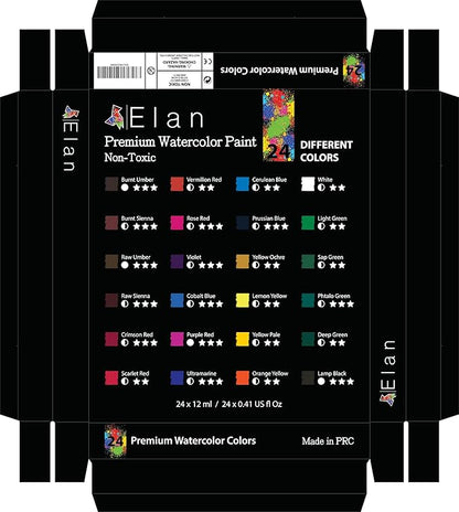 Elan Professional Watercolor Paint Set, 24 Liquid Watercolor Paint Tubes 0.4fl oz, Non-Toxic Mini Tubes for Canvas & Crafts, Art Paints for Adults