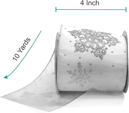 CT CRAFT LLC White Satin with Silver Snowflake Wired Ribbon 4 Inch x 10 Yards for Christmas Home Decor Tree Topper Bow Gift Wrapping DIY Crafts Wreath Garland