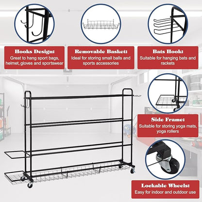 Basketball Rack, Shooting Training Rolling Ball Stand, Garage Organizer with Wheels, 4-Layer Sports Equipment Storage Holder with Baskets and Hooks for Soccer Baseball Footballs Volleyball