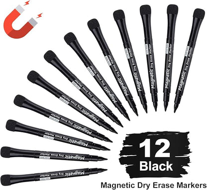 Browill Magnetic Dry Erase Markers, (12 pk) Dealkits Low Odor White Board Markers with Erasers for Kids Teacher Supplies for Classroom Work on White Board, Calender, Fine Tip Point, Black