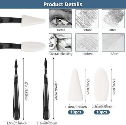 AGPTEK 48 PCS Sketch Drawing Tools, 20 Blending Stumps Set and 2 Sandpaper Pencil Sharpeners, Pencil Extension, Erasers,20 sponge replacement heads & 1 Felt Bag for Student Sketch Drawing Accessories