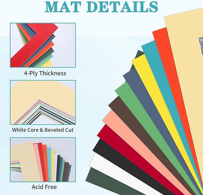 ZBEIVAN 12 Packs Mixed Colors 8x10 Picture Frame Mats for 5x7 Photos, Artworks and Prints, White Core Bevel Cut Frame Mattes