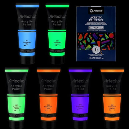 Artecho Glow in the Dark Paint 6 Colors, 120 ml / 4 oz Acrylic Paint for Decoration, Art Painting, Outdoor and Indoor Art Craft, Supplies for Canvas, Rock, Wood, Waterproof Rich Pigments