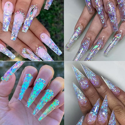 12 Colors Holographic Glitter Nail Art Sequins Aurora Iridescent Nail Flakes Glitter Chameleon Flakes Irregular Ice Slag Glass Paper Ultra Thin Mermaid Nail Glitter for Nail Art Make-up DIY Decoration