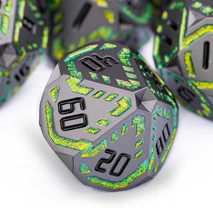 Metal DND Sci-fi Dice Set 7PCS Stripe Polyhedral Dice for Dungeons Dragons RPG Role Playing Game, Glitter D and D Dice with Gift Box D6 D8 D10 D12 D20 (Black&Green Yellow)