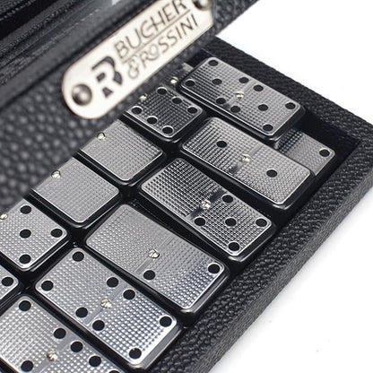 Bucher&Rossini Metal Surface Dominoes Set Double 6 - Classic Black Domino's Game Set with Silver Metal Surface for Adults and Kids Ideal Gift for Domino Players or Family Game Night