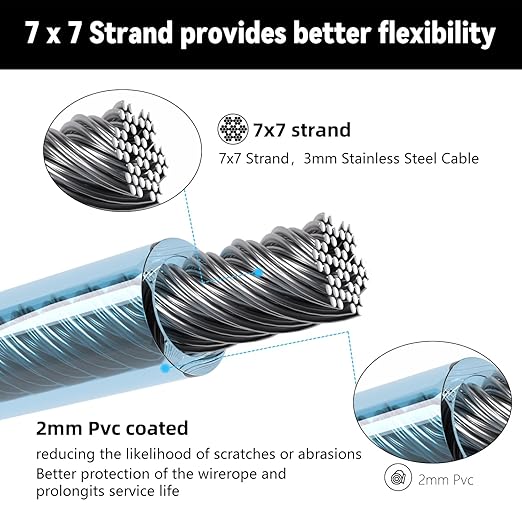 3/16" Sunshade Sail Hardware Kit, Turnbuckles for Cables Wires, PIUM PVC Coated Wire Rope Kits, 50Ft Stainless Steel Cable for Clothes Line Wires, String Light Hanging and Garden Plant Trellis