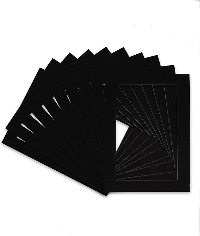 Pack of Ten Acid Free 8x10 Mats Bevel Cut for 5x8 Photos - Black with Black Core Precut Matboards with Backing Boards and Self Seal Photo Mat Bags for Pictures, Photos, Framing - 4-ply Thickness