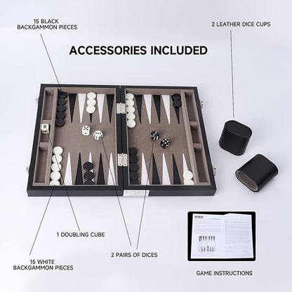 GSE Games & Sports Expert Premium Leather Backgammon Board Game Set, Classic Backgammon Game Set with Leather Case, Travel Folding Board Game (Black&Grey, Small)