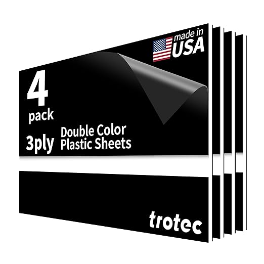 Trotec TroLase | 12"x20"x1/8", 4 Pcs | Black/White/Black | 3 Ply | Modified Acrylic | Laser Engraving Double Color Plastic Sheet | Engraving Blanks for Laser, Saw, Guillotine | Made in USA