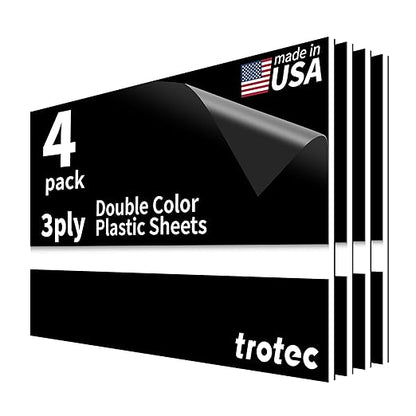 Trotec TroLase | 12"x20"x1/8", 4 Pcs | Black/White/Black | 3 Ply | Modified Acrylic | Laser Engraving Double Color Plastic Sheet | Engraving Blanks for Laser, Saw, Guillotine | Made in USA