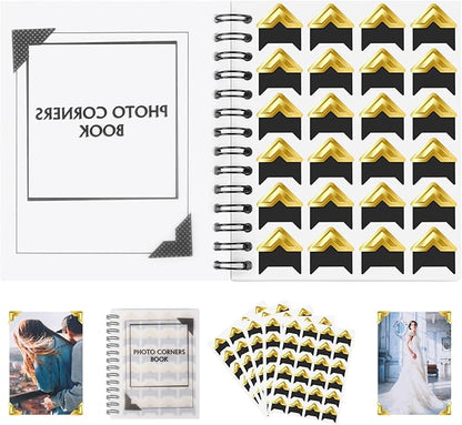 GOONAVI 15 Sheets 360 PCS Golden Black Acid-Free Photo Corners Notebook, Self-Adhesive Corners for DIY Album Journal, Corner Stickers for Trip Memory Book