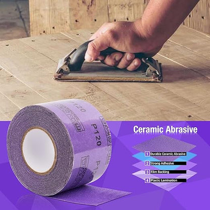 220 Grit PSA Purple Film Ceramic Sandpaper Roll, 2-3/4" Wide Continuous 20 Yard Longboard Sanding Roll Wet Dry Sanding Blocks Self Adhesive Sticky Back Sanding Sheets for Woodworking Automotive