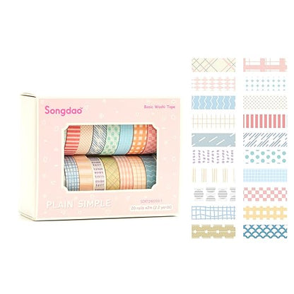 20 Rolls Basic Washi Tape Set Japanese Arts Adhesive Tapes Simple Patterns Decorative Masking Tape Sets for Craft, Kids, Scrapbook, DIY, Gift Wrapping (Style One)