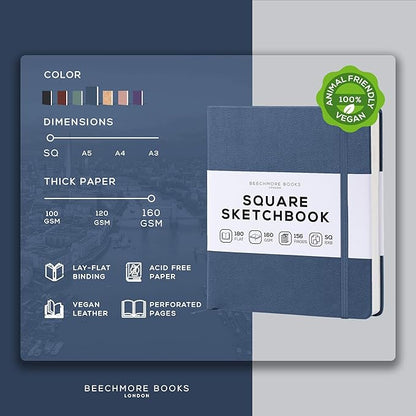 Beechmore Books Square Sketchbook – 8x8 Premium Vegan Leather Bound Large Sketch Book Hardcover with 156 Thick 160gsm Perforated Ivory Pages, Blank Sketch Pad, Gift Boxed Back Pocket, Ribbon Bookmark
