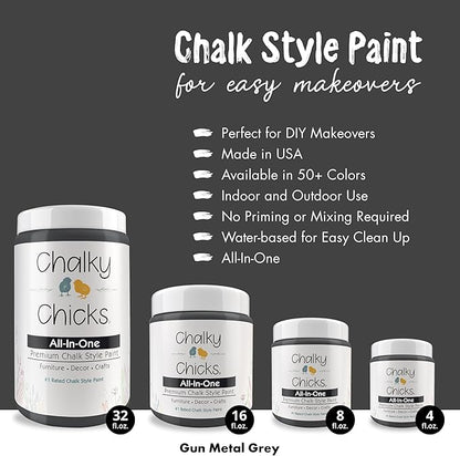 Chalky Chicks All-in-One Chalk Paint for Furniture or Cabinet -4Fl Oz -Matte Finish Gun Metal Gray (Dark Gray) for Metal, Wood Furniture Paint - No Sanding All-in-One for Home Decor & Crafts, USA Made