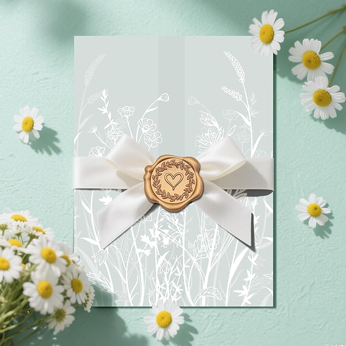 SWANGSA 100 Sets Wedding Invitations Wraps, Vellum Jackets for 5x7 Invitations & Self Adhesive Antique Gold Heart Wax Seal Stickers for Wedding Bridal Baby Shower Birthday Envelopes (White Wildflower)