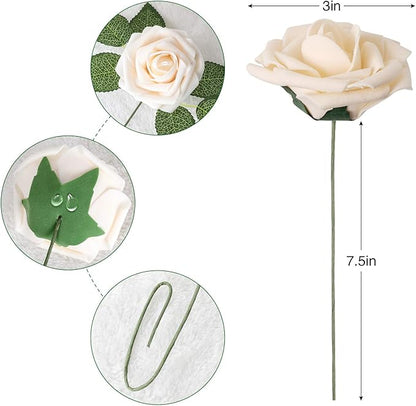 AmyHomie Artificial Flowers Champagne Rose 50pcs Real Looking Fake Roses w/Stem for DIY Wedding Bouquets Centerpieces Arrangements Party Baby Shower Home Decorations
