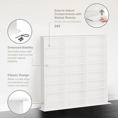 Prepac 3 Column 51" Tall White Display Multimedia Cabinet, Wood Media Storage with Removable Sheves, Modern Multimedia Storage Unit with 21 Adjustable Shelves for Books, DVDs and Collectibles, White