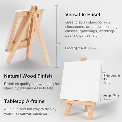AUREUO Mini Canvas and Easel Set - 4x4 Inch/ 12 Pack - 2/5 Inch Profile Small Square Canvas with Display Stand - Art Gift Set Bulk Pack Canvases for Acrylic Painting & Craft