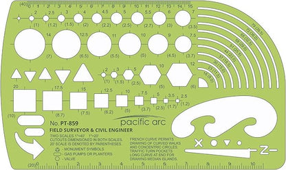 Pacific Arc - Survey & Civil Engineer Template - Drawing Aid Stencil for Professional or School Work - Size 3.87 x 6.5 inch