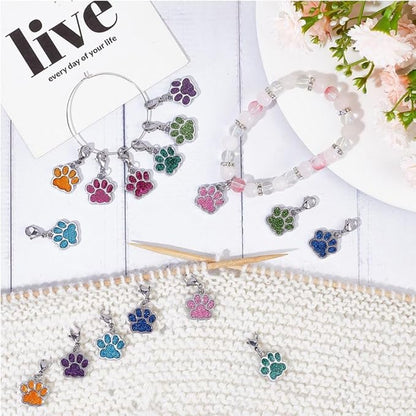 SUNNYCLUE 1 Box 16Pcs Knitting Stitch Markers Cute Pet Paw Dog Cat Paws Enamel Charms Lobster Clasp Charms Removable Locking Crochet Pendants for Sewing Weaving DIY Zipper Pull Decoration