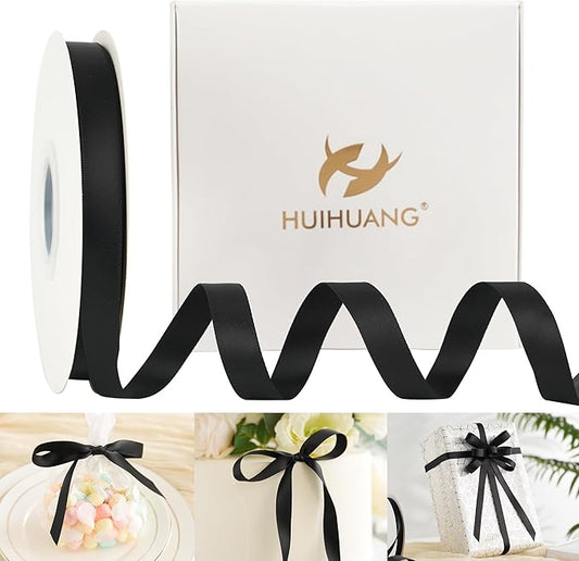 HUIHUANG Black Satin Ribbon 1/2 inch X 50 Yards Continuous, Black Double-Faced Satin Ribbon for Gift Wrapping, Bows, DIY Crafts, Flower Bouquet, Christmas Holiday Decor, Hair Bows