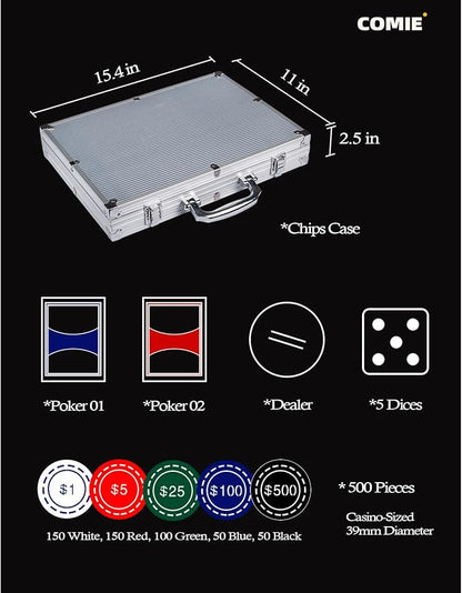 Poker Chips with Numbers,500PCS Poker Chip Set with Aluminum Travel Case,11.5 Gram Poker Set for Texas Holdem Blackjack Gambling.