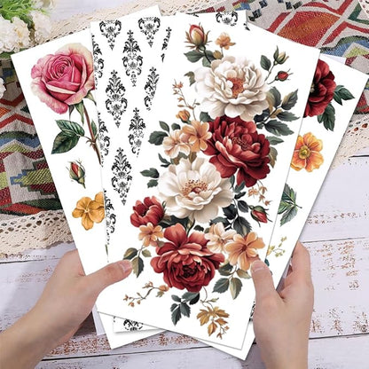 GLOBLELAND 4 Sheets Vintage Peony Flowers Transfer 11.8x5.9inch Flower Background Rub on Transfer Rose Self-Adhesive Wall Art Decals for Bedroom Living Room Desk Table Decoration