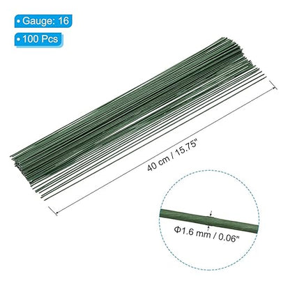PATIKIL 16 Gauge 16" Floral Stem Wire, 100 Pcs Paper Wrapped Iron Artificial Flower Stem Accessories for DIY Bouquet Stem and Craft Decoration, Dark Green