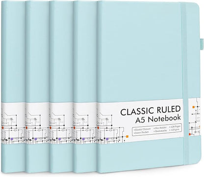 feela 5 Pack Notebooks Journals Bulk, Hardcover Notebook Classic Ruled Lined Journals with Pen Holder for Women Girls School Business Supplies, with 5 Black Pens, 120 GSM, 5.1”x8.3”, A5,Sky Blue