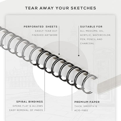 BEECHMORE BOOKS Mixed Media Spiral Sketchbook A4 9×12 – 300 GSM Heavyweight Paper, 50 Perforated Sheets, Bleedproof Art Pad for Watercolor, Acrylic, Oil, Gouache, Markers