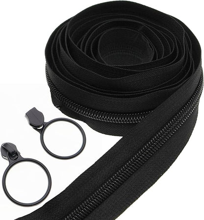 Leekayer #5 Black Nylon Coil Zippers by The Yards Bulk 10 Yards with 25pcs Black Ring Pull Sliders for DIY Tailor Sewing Craft,Luggage,Dress,Sofa Cushion,Pillow,Bag