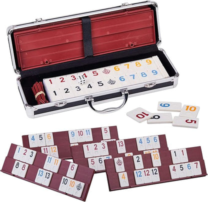 Doublefan Rummy Cube 4 Player Edition, 106 Rummy Cube Game Set with with 4 Plastic Racks in Portable Aluminum Case, Classic Board Game for Adults and Elderly.