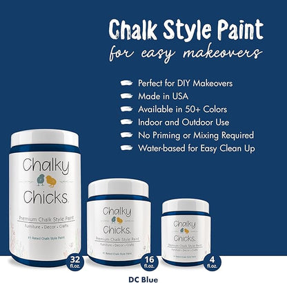 Chalky Chicks All-in-One Chalk Paint for Furniture or Cabinet - 32 Fl Oz - Matte Finish DC Blue Navy Blue for Metal, Wood Furniture Paint - No Sanding All-in-One for Home Decor & Crafts, USA Made
