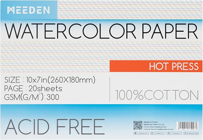 MEEDEN Watercolor Paper Block, 100% Cotton Watercolor Paper Pad of 20 Sheets, 140lb/300gsm, Acid-Free Art Paper for Watercolor, Gouache, Ink and More, 10" x 7" Hot Press