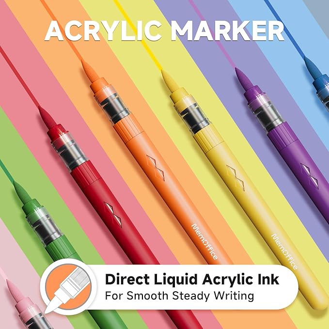 MemOffice Direct Liquid Acrylic Paint Markers, 24 Colors Brush Tip Pens with Carrying Case, No Bleed, Waterproof, for Rock, Wood, Canvas, Glass, Fabric, DIY Crafts for Adults & Kids