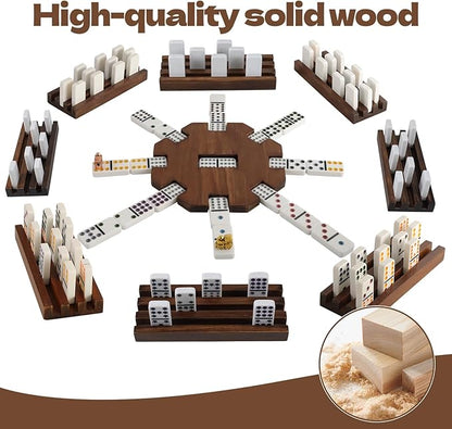 8 Players Mexican Train Dominoes Game Set - Double 12 Dominoes with Wooden Hub, 8 Metal Trains & Domino Storage Bag| Family Board Game for 2-8 Players